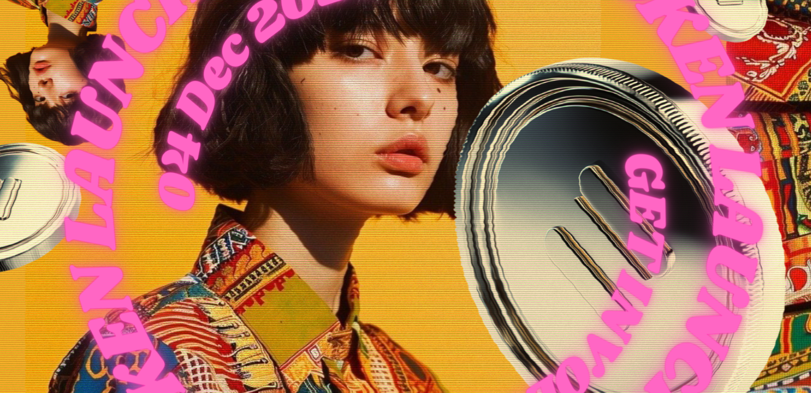 Editorial collage of an artist in a vivid patterned jacket with silver $AMPS coins on a yellow backdrop, overlaid with TOKEN LAUNCH and GET INVOLVED lettering